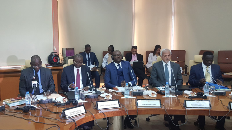 BUREAU –From left: Mr. Papa Lamine Diop, AACB’s Executive Secretary, Mr. Kayembe Wa Kayembe Jean Louis, representative of the Governor of the Banque Centrale du Congo, Dr. Patrick Saidu Conteh, Governor of the Bank of Sierra Leone, Mr. Yandraduth Googoolye, Governor of the Bank of Mauritius and Dr. Rene Kouassi, Director for Economic Affairs of the African Union Commission