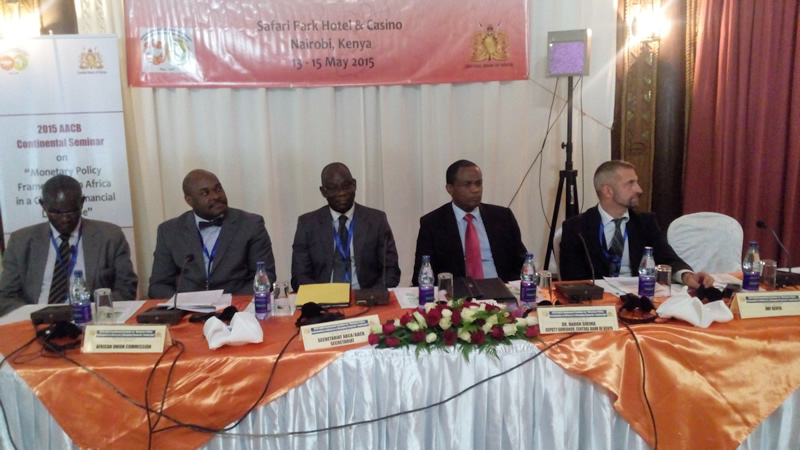 Hight Table: from left, Mr. Charles Koori, Director of the Department of Research of the Central Bank of Kenya (CBK), Mr. Abia Udoh, Economist (African Union Commission), Mr. Papa Lamine Diop, AACB’s Executive Secretary, the Honourable Dr. Haron Sirima, Deputy Governor of the CBK and Mr. Alain Vandepeute, Advisor, Monetary Policy & Payment Systems, AFRITAC East
